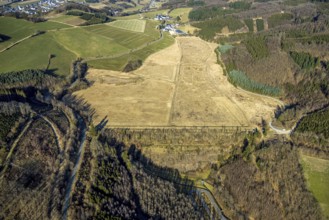 Aerial view, mega solar park planned on Hachen mud pond, meadows and fields with fallow land,