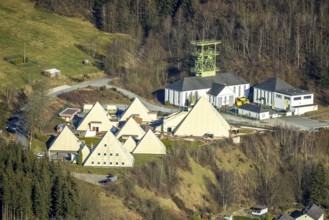Aerial view, Galileo Park, Sauerland Pyramids, Mining Museum Siciliaschacht with winding tower,