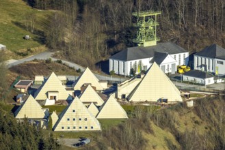 Aerial view, Galileo Park, Sauerland Pyramids, Mining Museum Siciliaschacht with winding tower,