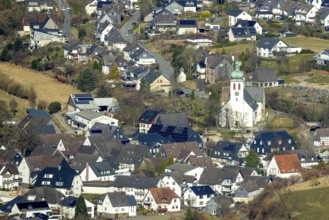 Aerial view, residential area and village view with catholic church St. Jakobus der Ältere in