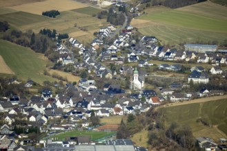 Aerial view, residential area and village view with catholic church St. Jakobus der Ältere in