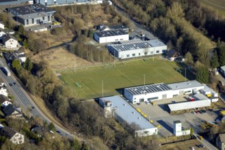 Aerial view, commercial area Thetener Straße and sports field, Trockenbrück, Lennestadt, Sauerland,