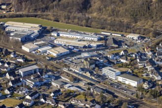 Aerial view, commercial area and railway station Grevenbrück, Lennestadt, Sauerland, North
