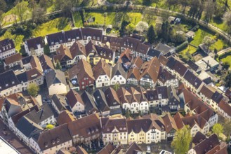 Aerial view, historic old town, Altes Quartier, houses with red roofs in de Silberstraße, Lünen,