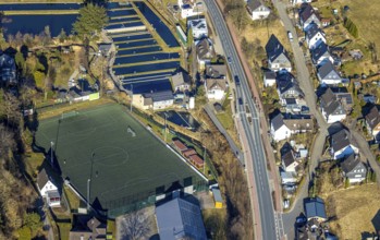 Aerial view, sports field SV Oberelspe, fish ponds fishing Linn, Oberelspe, Lennestadt, Sauerland,