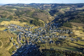 Aerial view, residential area, view of Oberelspe district, wooded area and hilly landscape,
