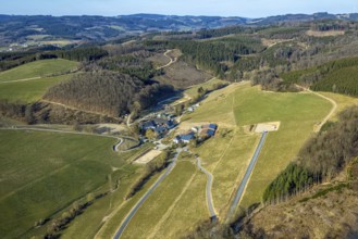 Aerial view, Icelandic horse stud Falkenegg, Richard Hufnagel, forest and hilly landscape,