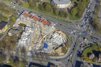 Aerial view, traffic junction construction site with new building Quartier Langestraße 100 between