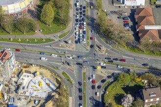 Aerial view, traffic junction construction site with new building Quartier Langestraße 100 between