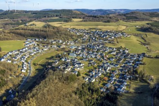 Aerial view, residential area, view of Halberbracht, hilly landscape, Lennestadt, Sauerland, North