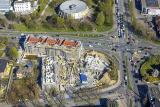 Aerial view, traffic junction construction site with new building Quartier Langestraße 100 between