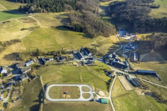 Aerial view, Quinkenhof riding centre, paddock in Melbecke, Lennestadt, Sauerland, North