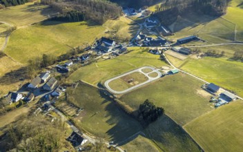 Aerial view, Quinkenhof riding centre, paddock in Melbecke, Lennestadt, Sauerland, North