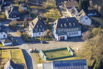 Aerial view, fire brigade fire brigade group Halberbracht and football pitch, Halberbracht,