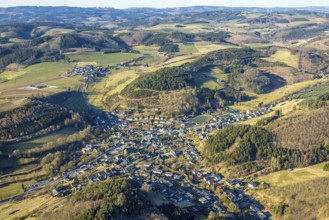 Aerial view, local view Oberelspe, forest and hilly landscape, Halberbracht, Lennestadt, Sauerland,