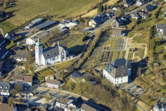 Aerial view, catholic church St. Jakobus der Ältere with Elspe cemetery, Elspe school, Elspe,