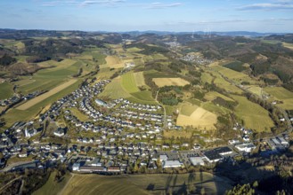 Aerial view, residential area, local view Elspe, meadows and fields with forest and hilly landscape