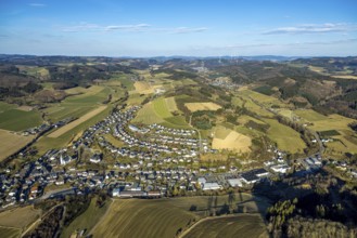 Aerial view, residential area, local view Elspe, meadows and fields with forest and hilly landscape