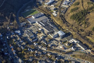 Aerial photo, Gustav Hensel GmbH factory premises, behind football stadium FC Lennestadt e.V.,