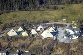 Aerial view, Galileo Park, Sauerland Pyramids, Mining Museum Siciliaschacht with winding tower,