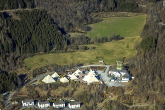 Aerial view, Galileo Park, Sauerland Pyramids, Mining Museum Siciliaschacht with winding tower,