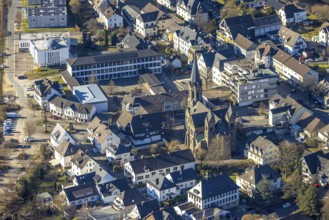 Aerial view, Church of St. Bartholomew and Franciscus School Primary School, Ditib Mosque, Meggen,