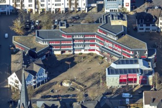 Aerial view, Lennestadt town hall and Thomas-Morus-Platz, spire of St. Agatha church, Altenhundem,