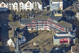 Aerial view, Lennestadt town hall and Thomas-Morus-Platz, spire of St. Agatha church, Altenhundem,