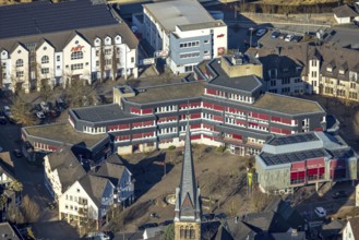 Aerial view, Lennestadt town hall and Thomas-Morus-Platz, spire of St. Agatha church, Altenhundem,