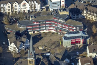 Aerial view, Lennestadt town hall and Thomas-Morus-Platz, spire of St. Agatha church, Altenhundem,