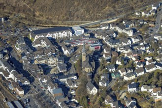 Aerial view, City centre with town hall and church St. Agatha and market place, HIT shopping