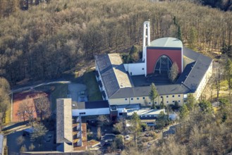 Aerial view, monastery church, Gymnasium Maria Königin, Altenhundem, Lennestadt, Sauerland, North