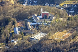 Aerial view, monastery church, Gymnasium Maria Königin, Altenhundem, Lennestadt, Sauerland, North