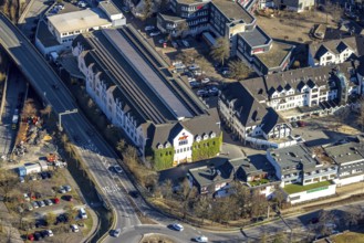 Aerial view, town hall Lennestadt and Thomas-Morus-Platz, shopping centre Gartenstraße with HIT