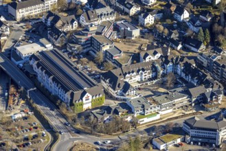 Aerial view, town hall Lennestadt and Thomas-Morus-Platz, shopping centre Gartenstraße with HIT