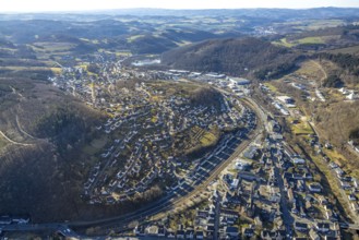 Aerial view, residential area on a slope, hilly landscape, railway line, Meggen, Lennestadt,