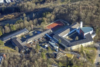 Aerial view, monastery church, Gymnasium Maria Königin, Altenhundem, Lennestadt, Sauerland, North