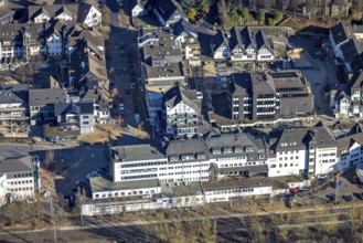 Aerial view, shopping centre Postweg, federal road B517, city with market place, Altenhundem,