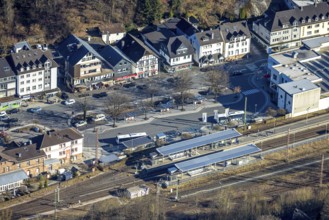 Aerial view, Lennestadt-Altenhundem railway station and platforms, ZOB bus station, Altenhundem,
