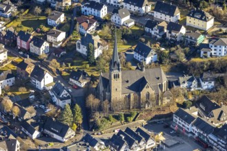 Aerial view, Protestant Church of St. Agatha Altenhundem-Meggen, Meggen, Lennestadt, Sauerland,