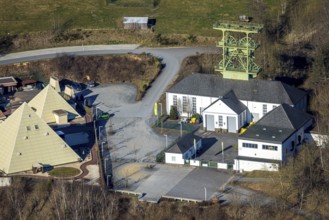 Aerial view, Galileo Park, Sauerland Pyramids, Mining Museum Siciliaschacht with winding tower,