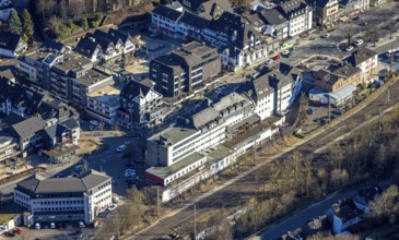 Aerial view, shopping centre Postweg, federal road B517, city with market place, Altenhundem,