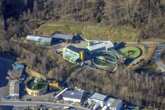 Aerial view, sewage treatment plant at the river Lenne, Meggen, Lennestadt, Sauerland, North