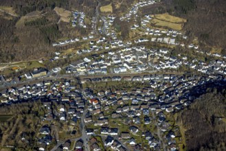 Aerial view, residential area of Meggen with wooded hilly landscape and forest damage, Meggen,