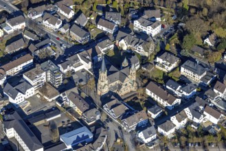 Aerial view, Church of St. Bartholomew and St. Francis Primary School, Meggen, Lennestadt,