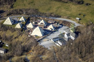 Aerial view, Galileo Park, Sauerland Pyramids, Mining Museum Siciliaschacht with winding tower,