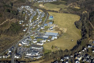 Aerial view, residential area hilly landscape and forest area with forest damage, Heinsberg,