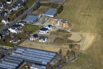 Aerial view, residential area hilly landscape and forest area with forest damage, Heinsberg,