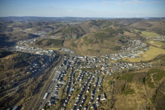 Aerial view, residential area hilly landscape and forest area with forest damage, Altenhundem