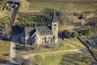 Aerial view, parish church Herz-Jesu Albaum Albaum, Kirchhundem, Sauerland, North Rhine-Westphalia,